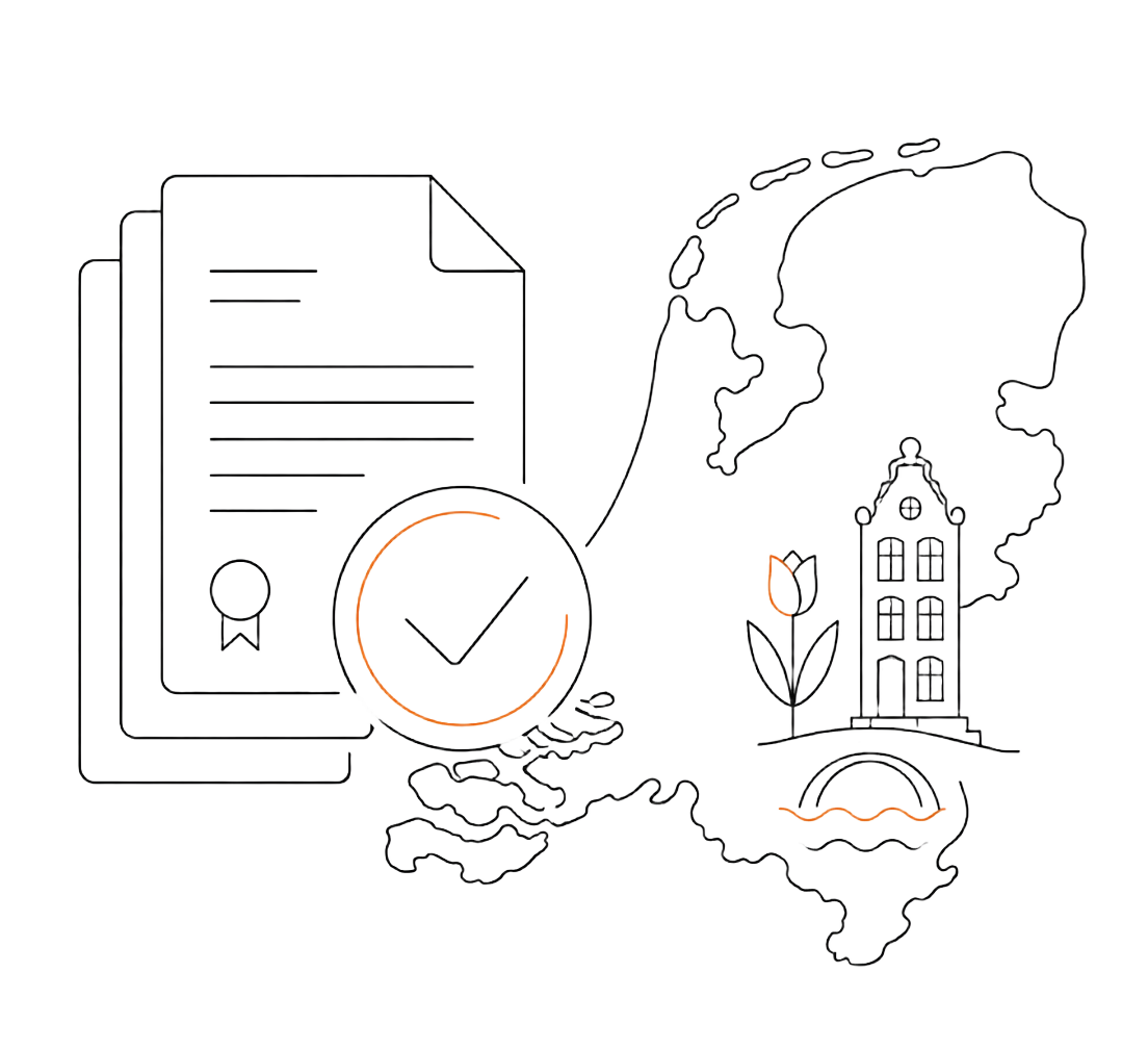 Line-art illustration of Dutch documents, an approved checkmark and a map of the Netherlands